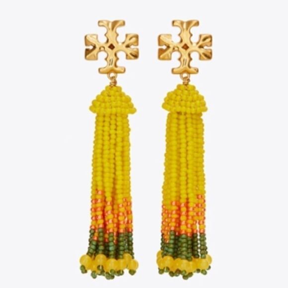 NWT TORY BURCH ROXANNE BEADED TASSEL EARRING GOLD/YELLOW BEADS - Picture 1 of 7